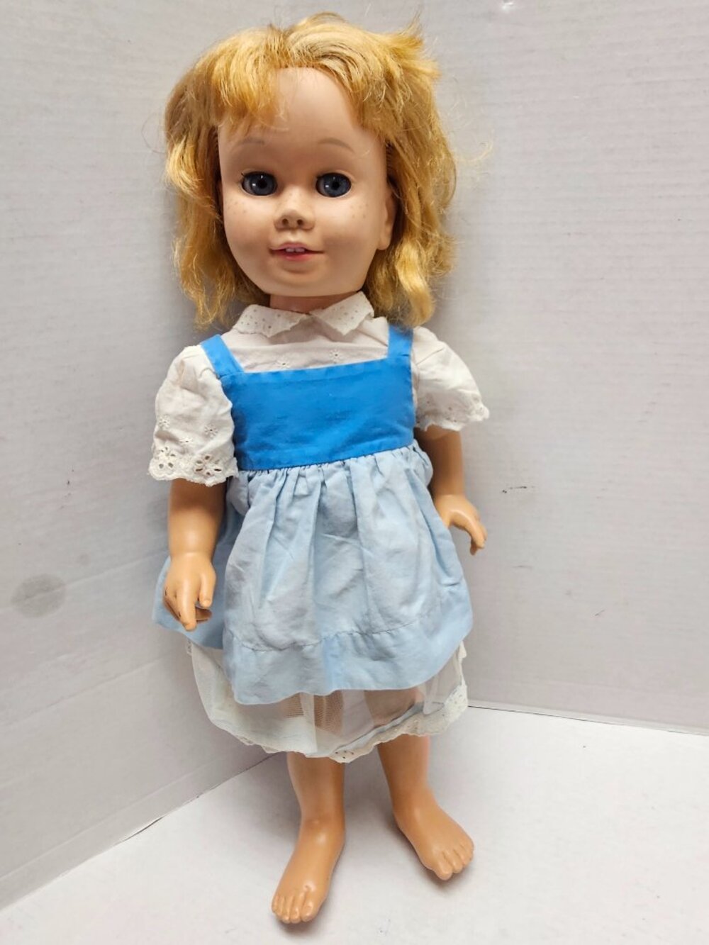 Vintage Blonde Chatty Cathy Blue Eye Doll Original Dress Lace Apron 20"